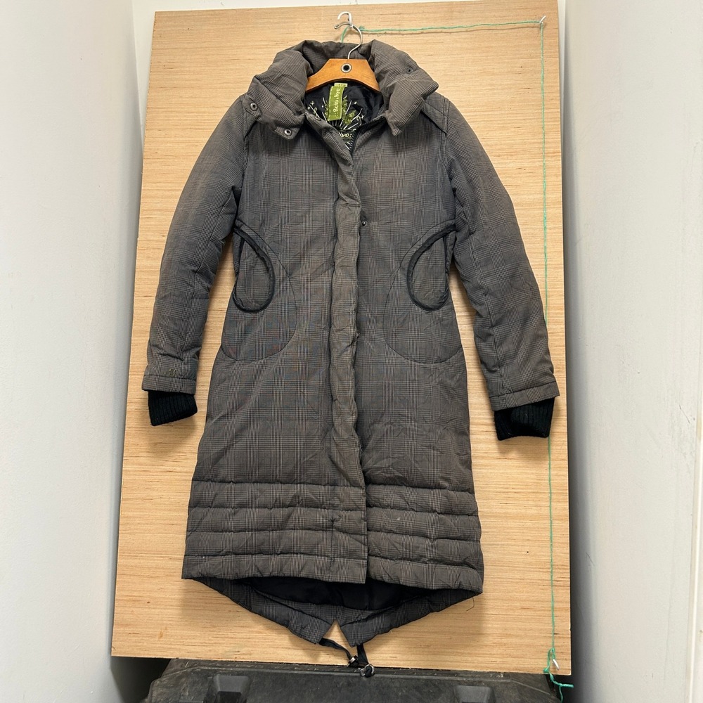 Soia & Kyo Grey Glen Plaid Long Puffer Coat Jacket Small Elbow Patches